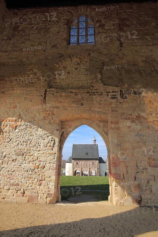 UNESCO Carolingian monastery with façade and view through gate to King's Hall, Lorsch, Bergstrasse, Hesse, Germany