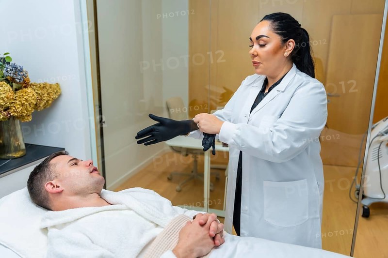 Doctor wearing a lab coat and black gloves while preparing for a medical procedure, with a male patient lying on the examination bed awaiting an aesthetic beauty treatment in a modern clinic