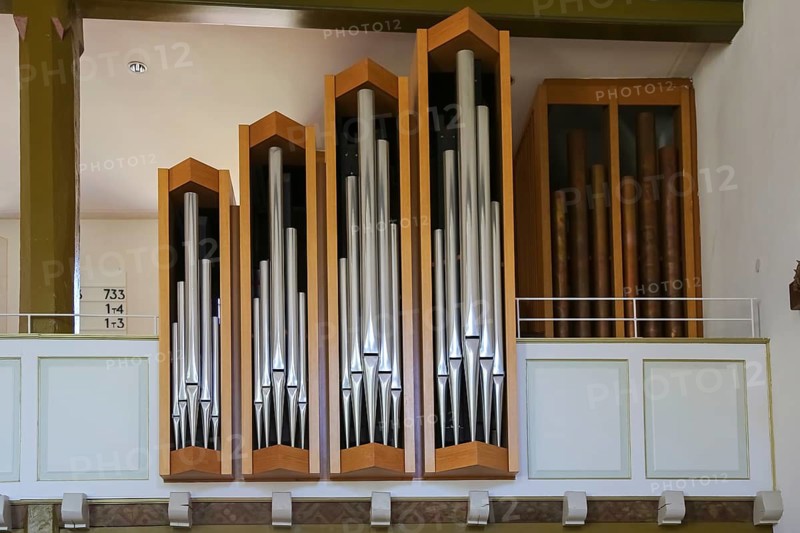 St John's Church ca. 12th century, church building, Protestant church, place of worship, sacral building, organ, organ pipes, interior, at the foot of the Swabian Alb, Unterhausen, Lichtenstein, district of Reutlingen, Baden-Württemberg, Germany