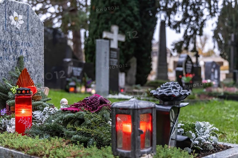 All Saints' Day at the Prague Cemetery in Stuttgart. Catholics commemorate their deceased relatives. Grave decorations and candles. Stuttgart, Baden-Württemberg, Germany