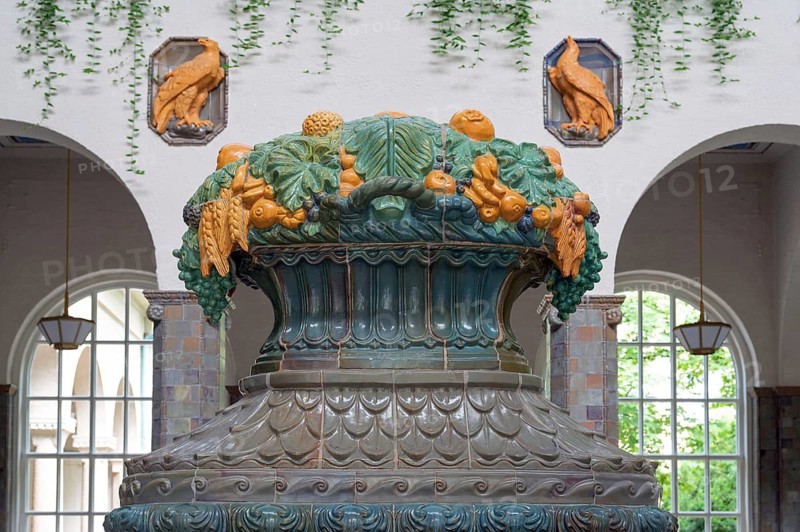 Art Nouveau ceramic fountain made of majolica tiles in the fountain house, detail, Kissingen spa, inaugurated in 1842, replaced by a new building in 1911, Bad Kissingen, Lower Franconia, Bavaria, Germany