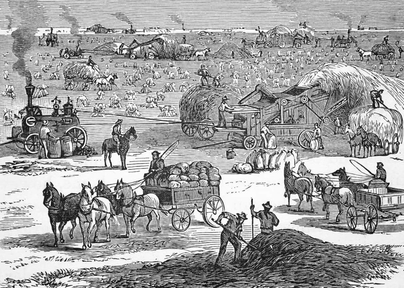 Bringing in the harvest, a farm scene in Kansas, around 1870, America, digital reproduction of a historical model