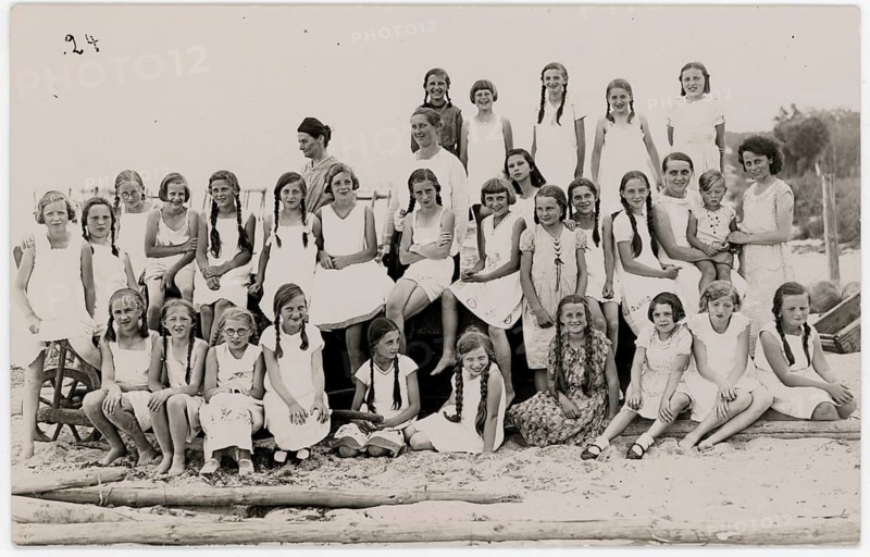 Bathing, swimwear, woman, girls, leisure, fun, summer, group of girls in summer dresses on the beach posing in various positions, around 1925