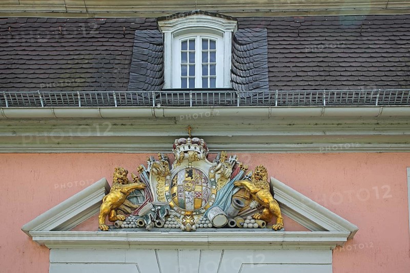 Portal with coat of arms of Elector of Bavaria and Palatinate Karl Theodor, Carl, Bavarian, Palatine, Count Palatine, two, golden, lion figures, alliance coat of arms, decorations, dormer, roof, window, Marstallhof, Schwetzingen, Baden-Württemberg, Germany