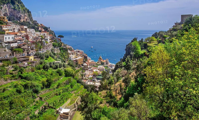 Panorama of the village on the cliffs above the sea, Positano, Amalfi Coast, Amalfitana, Campania, Italy