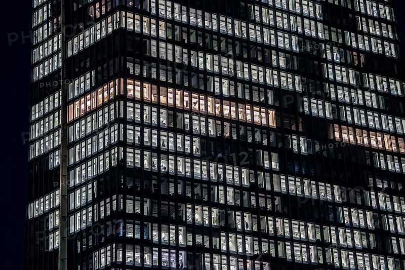 The building of the European Central Bank, ECB, in Frankfurt am Main, illuminated windows, offices, Hesse, Germany