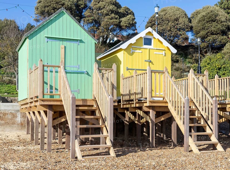 New beach huts built on beach platforms, Return of Beach Huts to the Spa initiative, Felixstowe Spa area, Felixstowe, Suffolk, England, UK