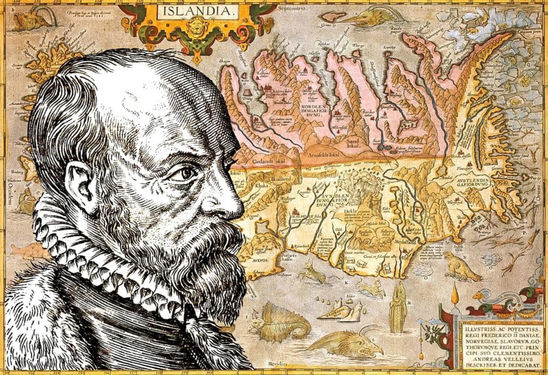 Abraham Ortelius, 1527 – 1598, Flemish scholar, cartographer, geographer and cosmographer, digitally edited based on a historical illustration by Léonard Gaultier, map of Island from Theatrum Orbis Terrarum, 1590