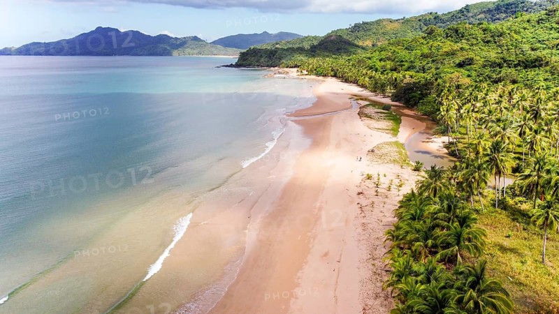 A scenic aerial photograph featuring a remote beach surrounded by lush greenery and mountains, located in the Philippines. Ideal for a tranquil vacation or holiday
