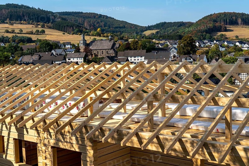 Shell of a wooden house, building, completely made of wood, in the village of Hesborn, in Sauerland, North Rhine-Westphalia, Germany