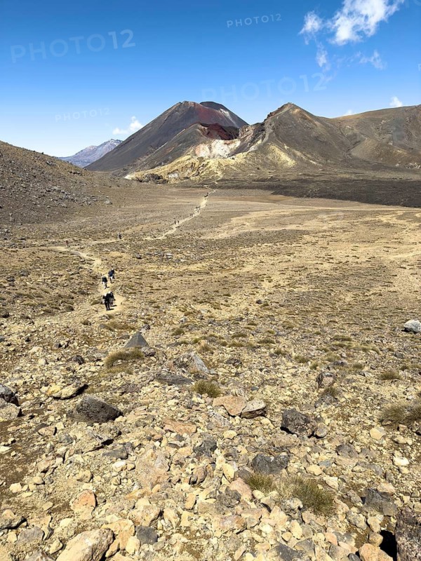 On the hiking trail of the Tongariro Alpine Crossing in Tongariro National Park with a view of the volcano Mount Ngauruhoe, North Island, New Zealand, Oceania