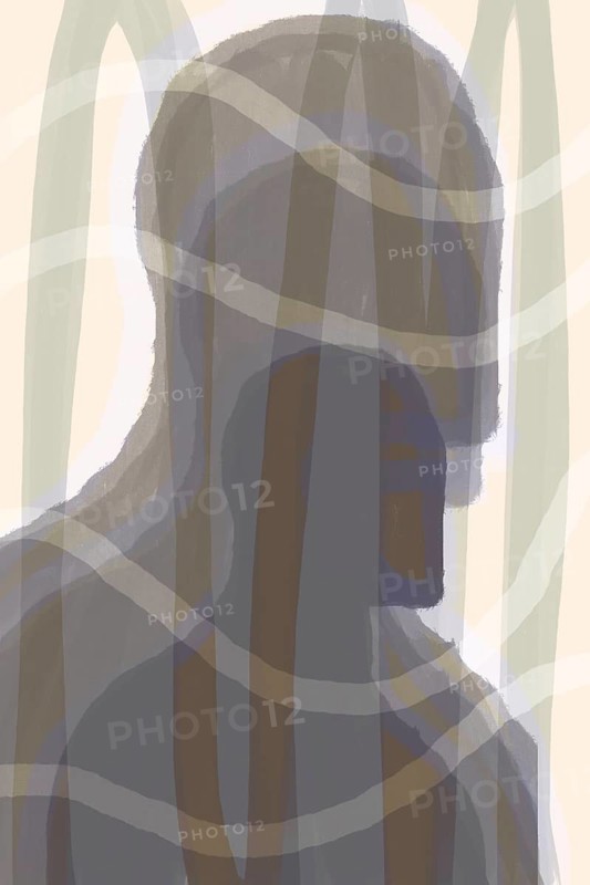 This illustration captures a mysterious, shadowy figure obscured by translucent geometric patterns, creating an intriguing interplay of shapes and tones