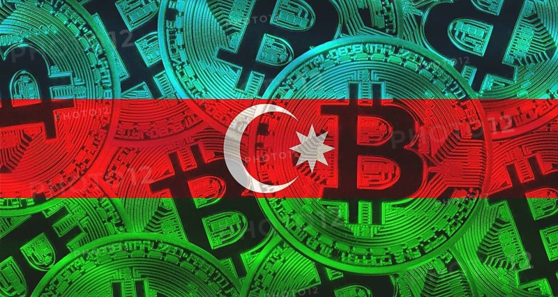 Azerbaijani flag with Bitcoins in the background. Investors in cryptocurrency and Blockchain Technology in Azerbaijan