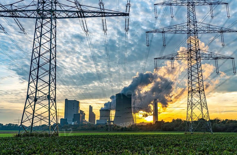 Lignite-fired power plant, RWE Power AG Niederaussem power plant, sunset, Bergheim, North Rhine-Westphalia, Germany