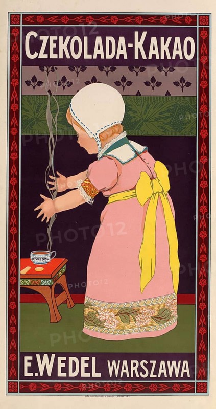 Advertising poster, beverage advertisement, poster promoting E. Wedel chocolate and cocoa from Warsaw, 1910, depicting a child in an art nouveau frame, authentic reproduction of a historical advertising poster, advertising sign, in high resolution