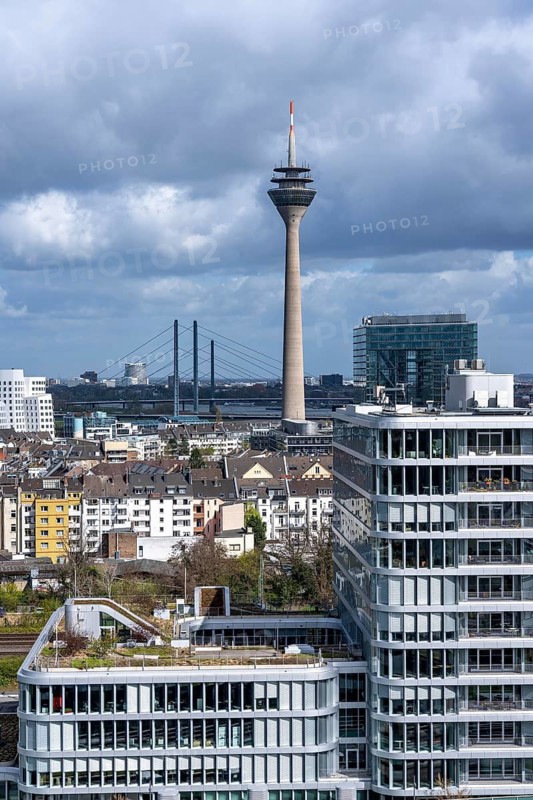 Skyline of buildings in downtown Düsseldorf, Rheinturm, Rheinbrücken View from south to north, North Rhine-Westphalia, Germany