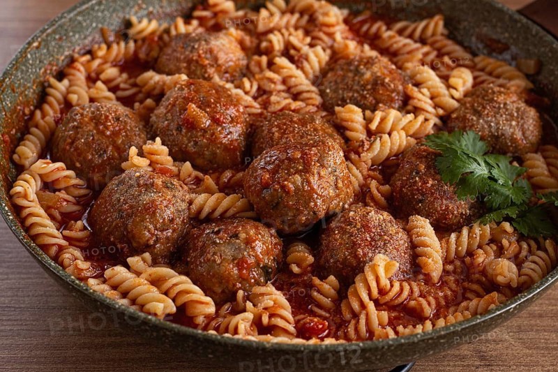 Minced meat meatballs, in tomato sauce, with fusilli pasta, in a cast-iron pan, homemade, no people