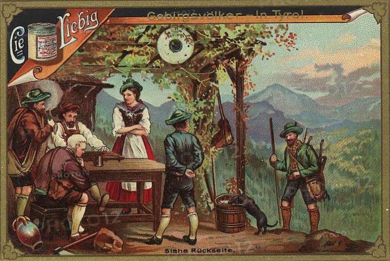 Picture series Mountain peoples, in Tyrol, Austria, Liebig picture, digitally restored reproduction of a collector's picture from around 1900, public domain, exact date unknown, Tyrolean scene with people in traditional clothing in a mountain inn