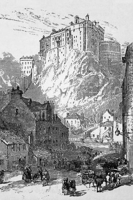 The Grassmarket with a view of the castle, Edinburgh, around 1870, Scotland, digital reproduction of a historical model