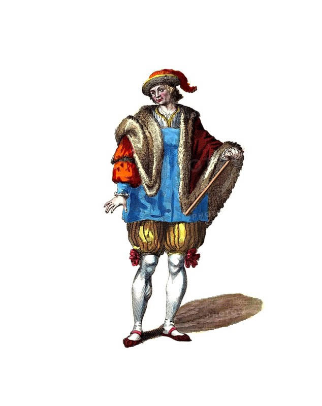 Historical clothing, fashion over time, Louis II de La Tremoille, also La Tremouille (20 September 1460, 24 February 1525) was a member of the House of La Trémoille, a French general and grandson of Georges de La Trémoille, digitally restored reproduction of an 18th/19th century model, exact date unknown, a man in a historical fur coat and bloomers, on a white background