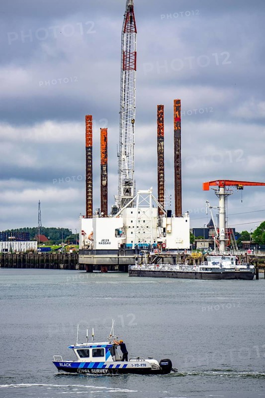 The jack-up platform, JB119, working platform, e.g. for the construction of offshore wind farms, in the harbour of Vlissingen, Zeeland, Netherlands