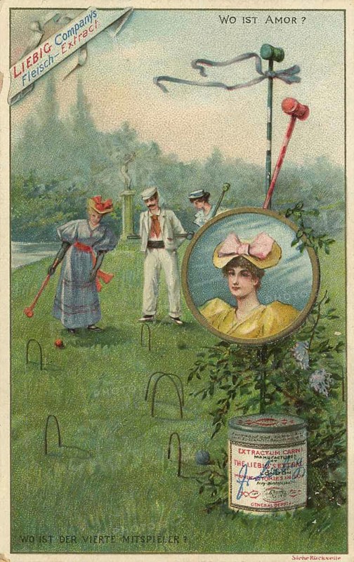 Picture series Riddle, where is the fourth player, Liebig picture, digitally restored reproduction of a collector's picture from ca 1900, public domain, exact date unknown, Elegant croquet game in the garden with figures playing in the background in Edwardian fashion