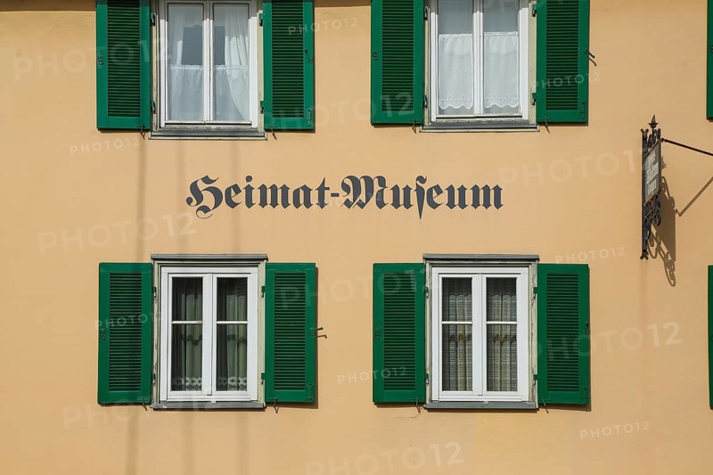 Grüner Hof, Heimat Museum, lettering, Buschsaben, building, house, facade, window, shutters, Eningen unter Achalm, Baden-Württemberg, Germany