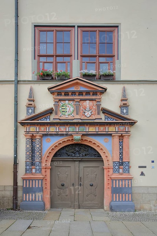 Portal with decorations from the town hall, Renaissance, market, Saale, Naumburg, Saxony-Anhalt, Germany