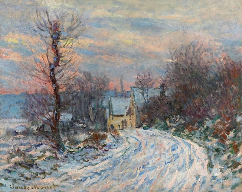 Claude Monet (b. 14 November 1840 in Paris as Oscar-Claude Monet, d. 5 December 1926) important French painter, Impressionist style. Here is his work, The Entrance to Giverny in Winter (1885), A house and snow-covered trees at dusk, winter landscape with pink and blue tones