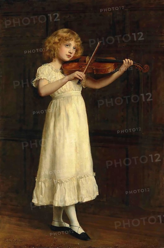 John Collier (born 28 January 1850 in London, died 11 April 1934), British writer and painter in the Pre-Raphaelite style, here his work: The Sonatina (1883), a young girl with curly blond hair in a long white dress playing the violin, A young girl stands in front of a wooden panel and plays the violin with concentration