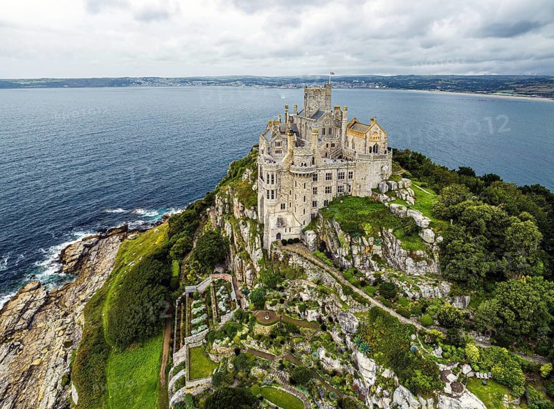St Michaels Mount, Castle from a drone, Marazion, Cornwall, England, United Kingdom
