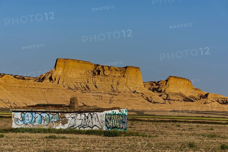 Evening light in the rocky landscape in the Bardenas Reales nature park Park, Navarra, Spain