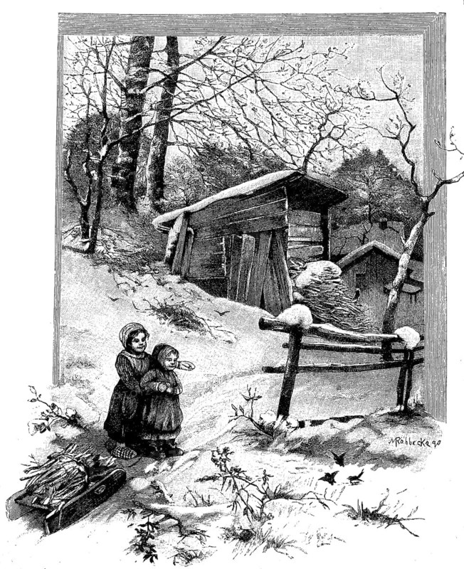 Winter idyll, two small children with a sledge with which they have collected firewood in the forest, illustration from 1890, historical, digital reproduction of an original from the 19th century