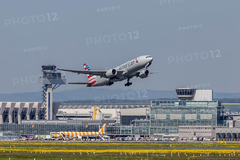 Plane taking off from Fraport Airport in Frankfurt. FRA, EDDF. Aircraft registration number: N768AA, American Airlines, Boeing 777-223ER. Frankfurt am Main, Hesse, Germany
