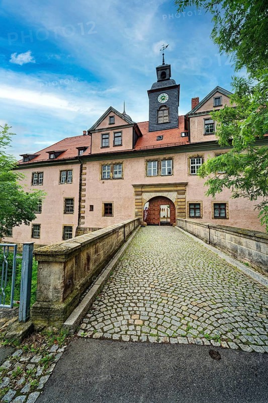 Gate building and castle bridge, Tenneberg Castle, museum, baroque room, castle, interior view, Waltershausen, Thuringian Forest, Thuringia, Germany