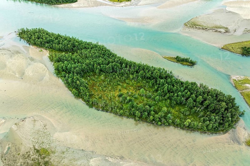Aerial view of the Glamaga river delta, (Glomådeltaet or Glomåga-deltaet), turquioise water, near Mo i Rana, Norway