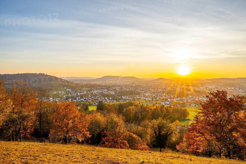 View over the city of Neumarkt from Wolfstein castle ruins at sunset in autumn, Neumarkt in der Upper Palatinate