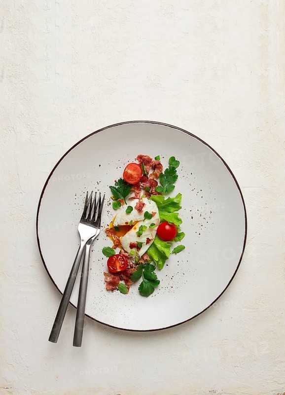 Poached egg, with bacon and vegetables, breakfast, homemade