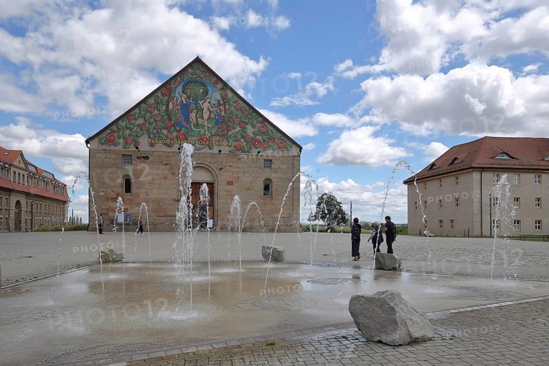 Building Paradise Gardens, garden paradises former St Peter's Church with mural Paradise by Berthold Furtmeyr 1478 on the gable, water features, water fountain, citadel, Petersberg, Erfurt, Thuringia, Germany