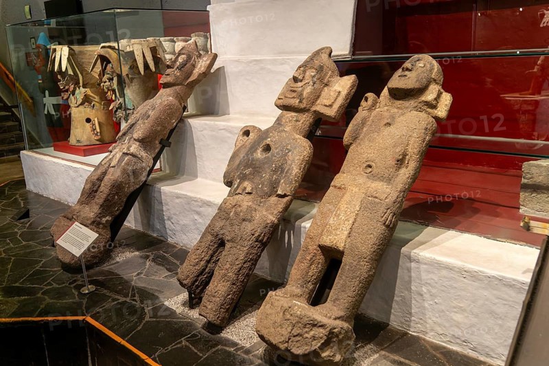 Standard bearer Aztec stone figures, archaeological site and museum of Templo Mayor, Mexico City, Mexico