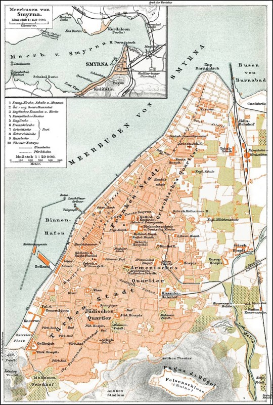 Historical city map, Smyrna or Izmir, Turkey, 19th Century, historischer Stadtplan von Izmir, Türkei, 19. Jahrhundert