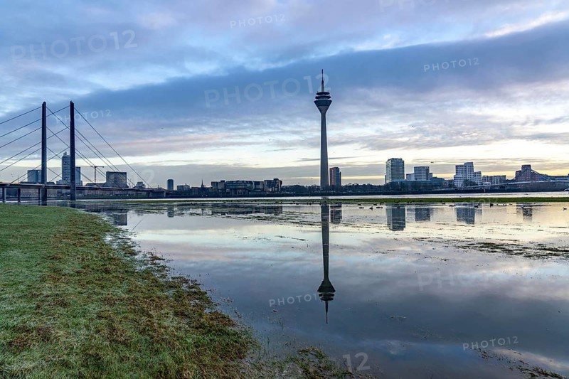 View of the Rhine knee bridge over the Rhine near Düsseldorf, Media Harbour, from the Rhine meadows in Düsseldorf-Oberkassel, Rhine Tower, North Rhine-Westphalia, Germany