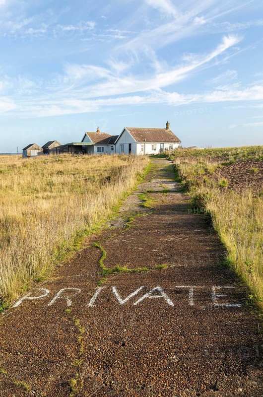 Private painted sign on driveway to restrict entry to property, The Beacons, Shingle Street, Suffolk, England, UK