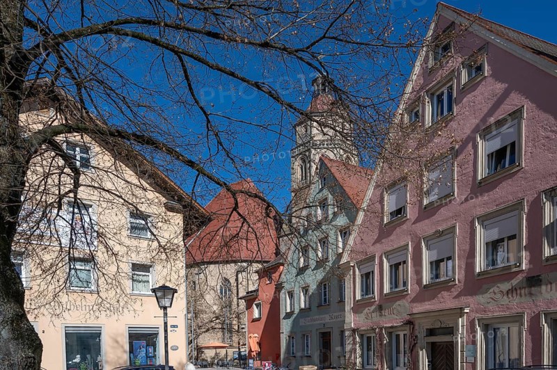 Historic house gables and the tower of St Andrew's Church, Weißenburg, Middle Franconia, Bavaria, Germany