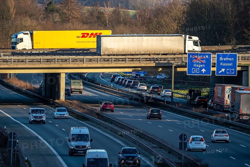 Motorway junction Westhofen, the motorway A45, Sauerlandlinie, is crossed by the A1, bridge, View in southeast direction, Schwerte, North Rhine-Westphalia, Germany, Motorway junction Westhofen, the motorway A45, Sauerlandlinie, is crossed by the A1, bridge, View in southeast direction, Schwerte, North Rhine-Westphalia, Germany