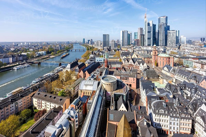 Frankfurt skyline skyscrapers in the city centre with Römer and river Main from above in Frankfurt, Germany