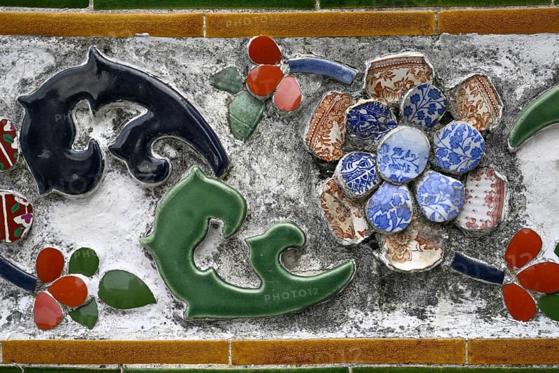 Wall covered with ceramic shards, detail, Wat Arun, Temple of Dawn, Bangkok, Thailand