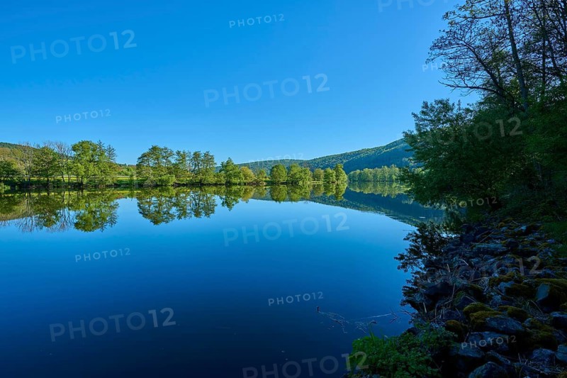 A calm river reflects the surrounding nature, accentuated by clear blue sky and green trees, Main, Lohr am Main, Main-Spessart district, Spessart, Mainfranken, Lower Franconia, Bavaria, Germany