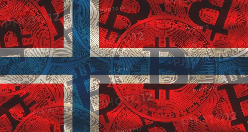 Golden bitcoin coins on Norway flag background. Bitcoin coins on Norway flag background