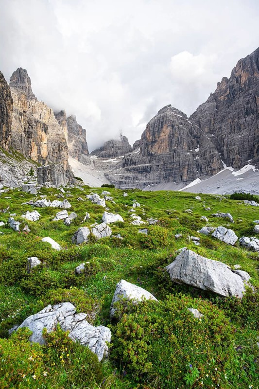 Cliffs and pinnacles in fog, Brenta Mountains, Brenta-Adamello Natural Park, Trentino, Italy